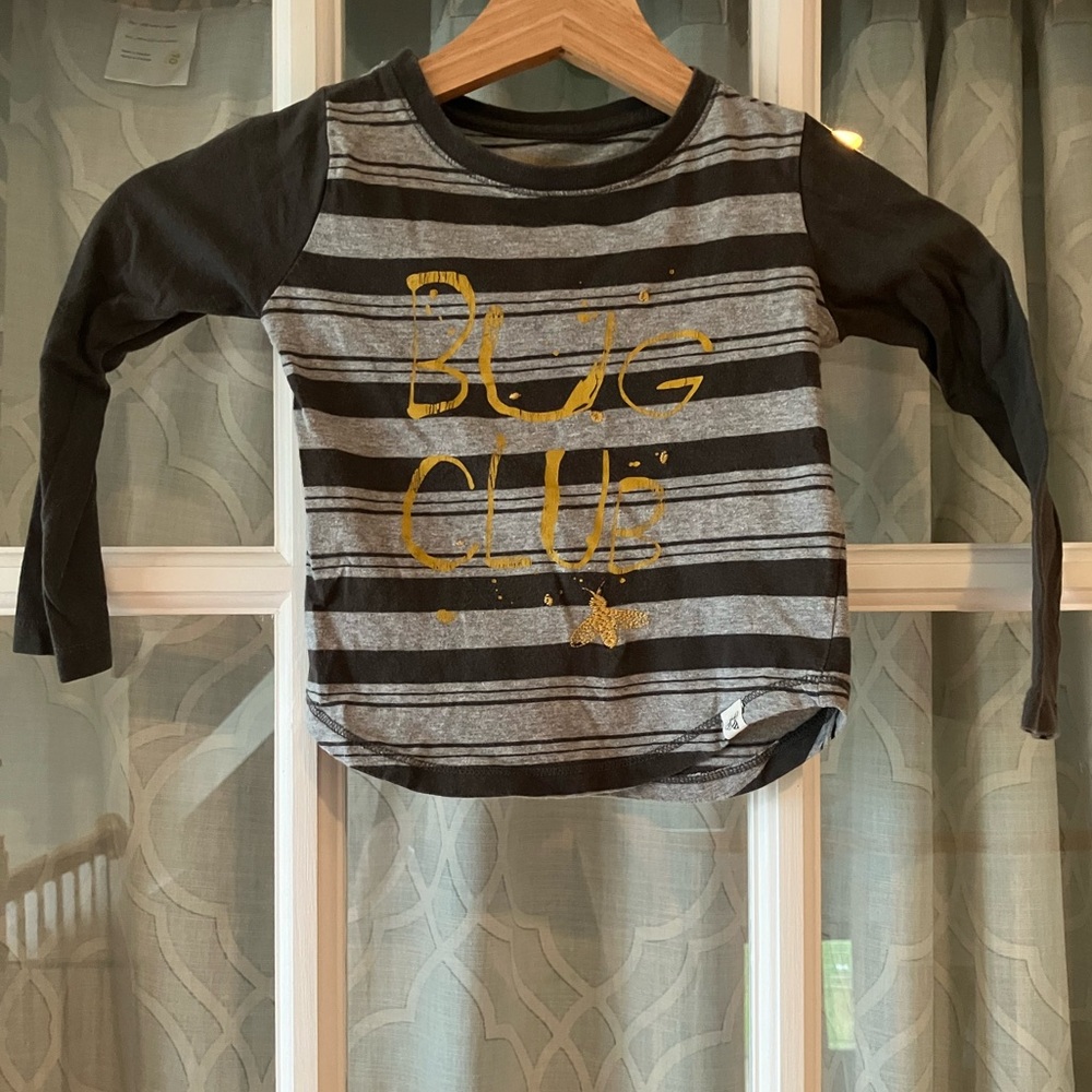 Burt’s Bees Kids Striped Long Sleeve Shirt - Black & Gray with Yellow “Bug Club”